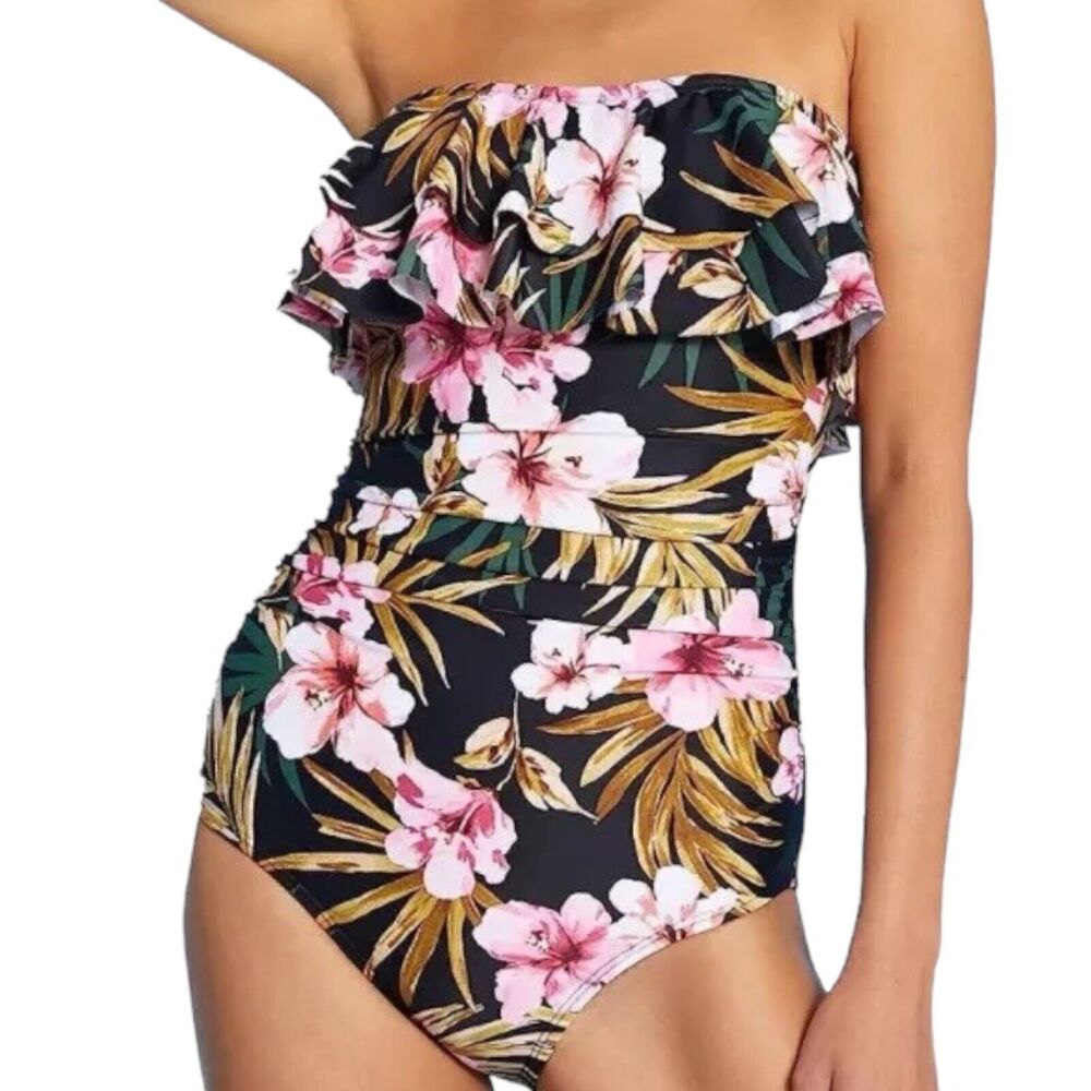 Target Kona Sol Med Green Floral Tropical Strapless Ruffle Swimsuit 1pc